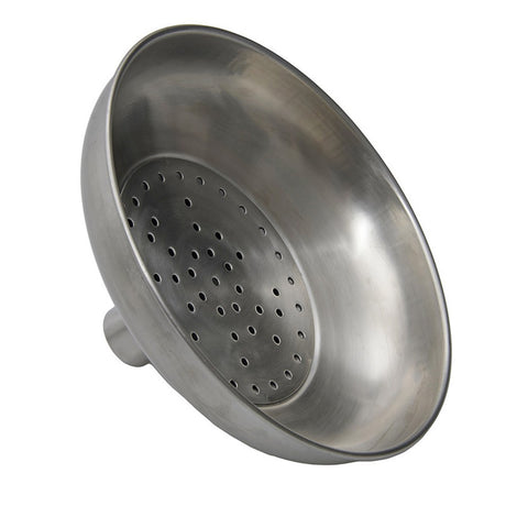 A stainless steel shower head with water nozzles, designed for use in safety showers.