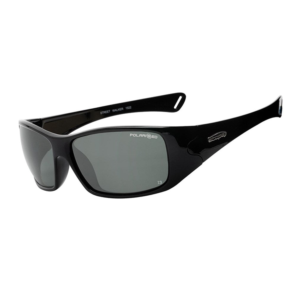 A pair of black, polarized sunglasses with a glossy finish and straight-line temples.
