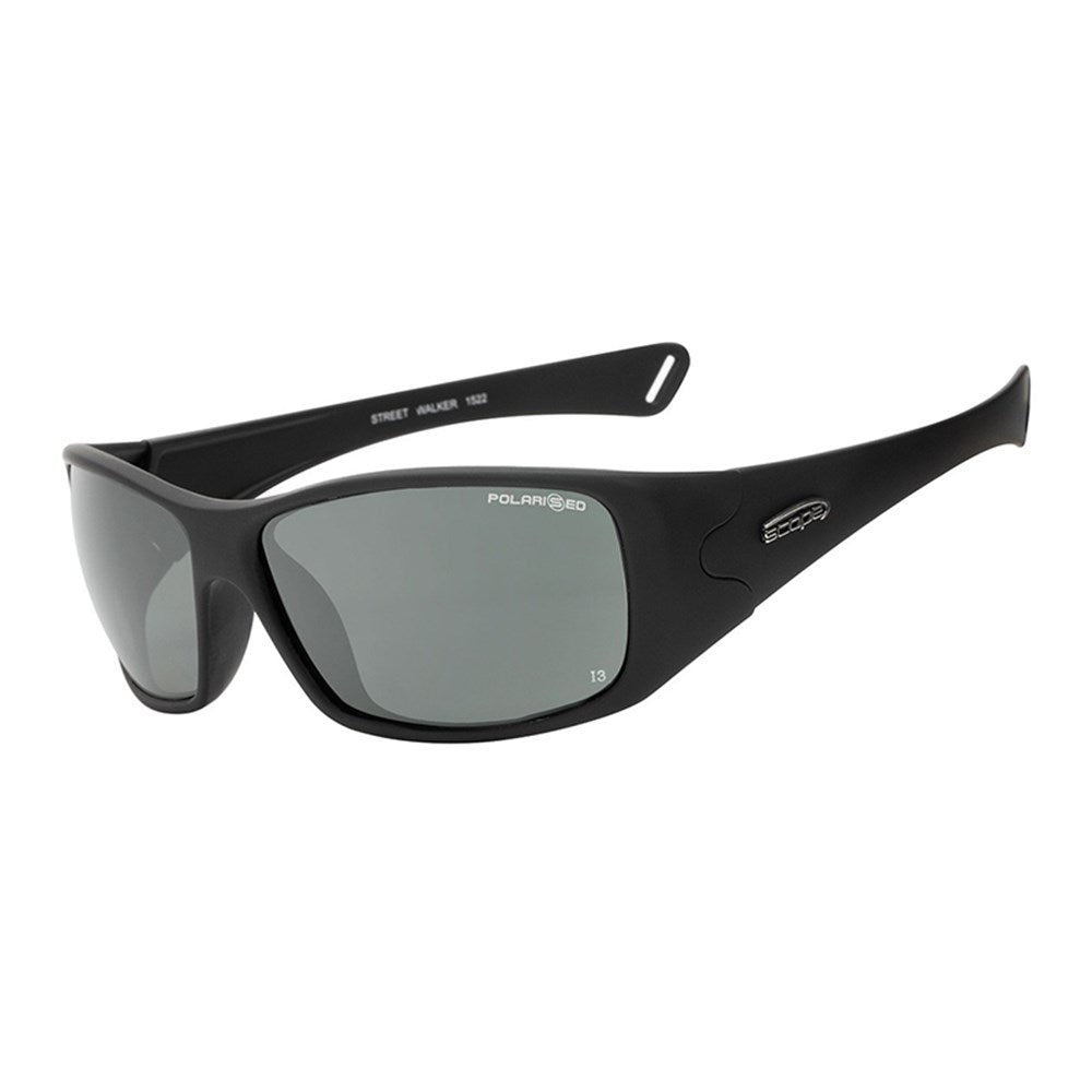 Black frame polarised lens safety eyewear with straight-line temples and a moulded nose bridge.