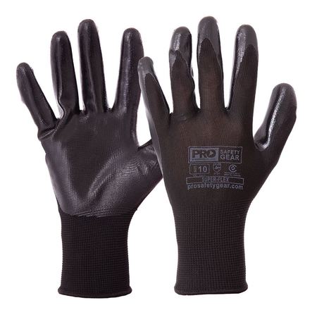 A pair of black nitrile safety gloves with the Pro-Spun brand logo visible on the back of the hand.