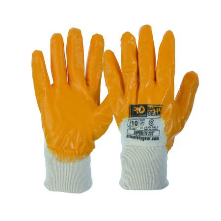 A pair of orange safety gloves with nitrile knitted wrist cuffs, designed for industrial use.