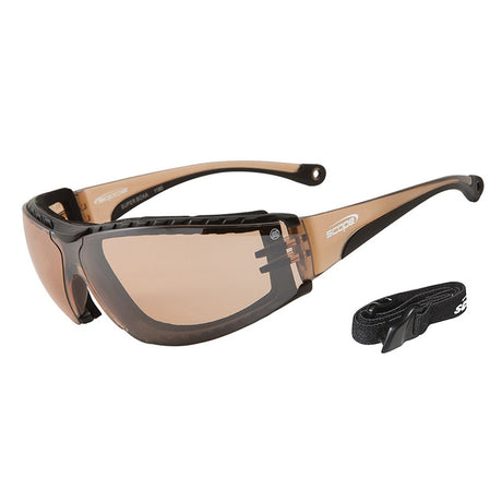 A pair of protective eyewear with a one-piece wraparound lens and a black SBR rubber gasket. The eyewear features a co-moulded Flexi-Max temples and a fully coated titanium lens with anti-fog and anti-scratch properties.