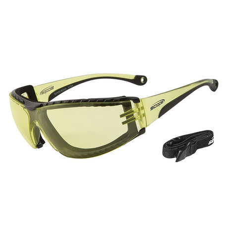 A pair of protective eyewear with amber-colored lenses and a black frame, featuring a co-moulded Flexi-Max rubber temple and a fully adjustable elastic strap.
