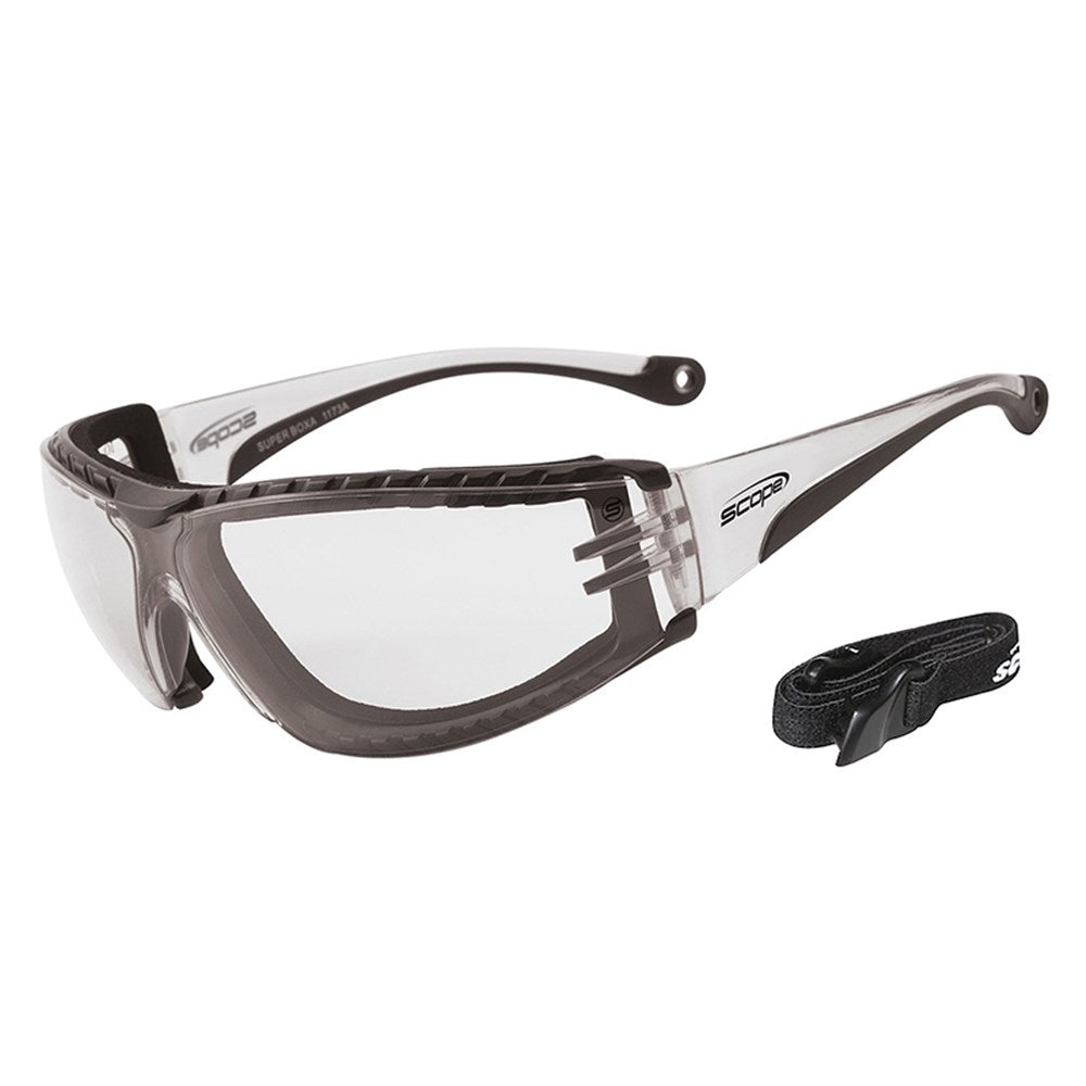 A pair of protective eyewear with a clear lens and black frame, featuring a neck strap.