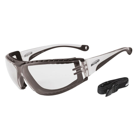 A pair of protective eyewear with a clear lens and black frame, featuring a neck strap.