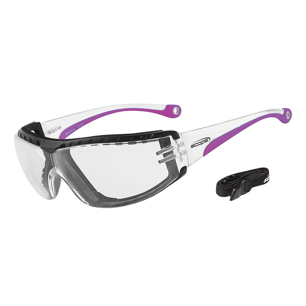 A pair of protective eyewear with a clear lens and purple temples, including a neck strap.