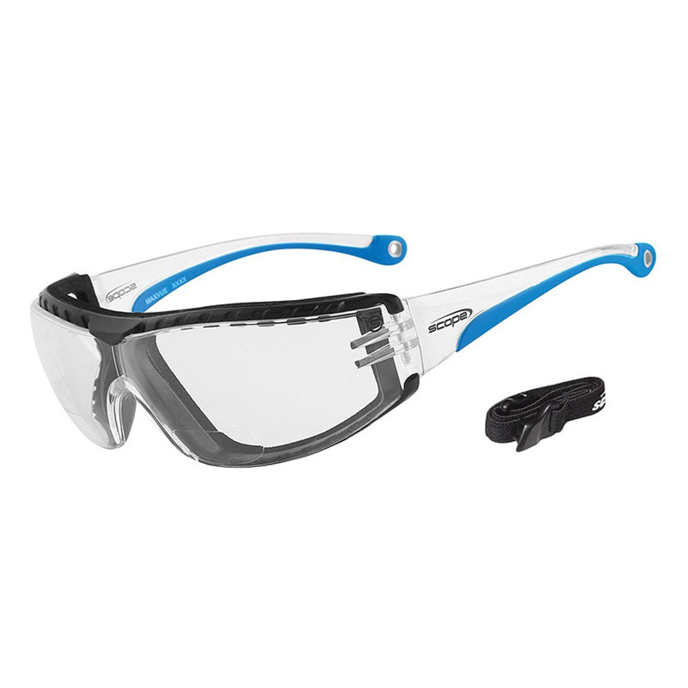 A pair of protective magnifying eyewear with a clear lens, black and blue frame, and a neck strap.
