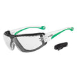 A pair of protective eyewear with a clear lens and green and black color accents, including a neck strap.