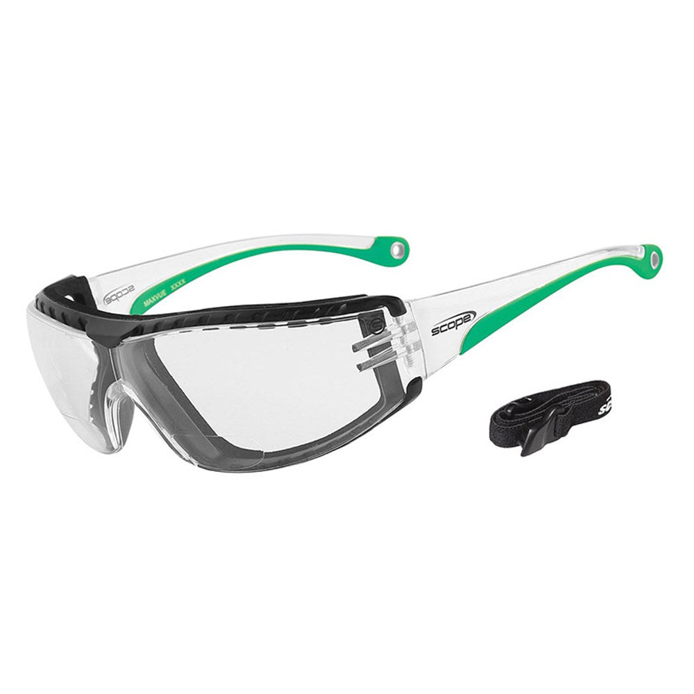 A pair of protective eyewear with a clear lens and green and black color accents, including a neck strap.