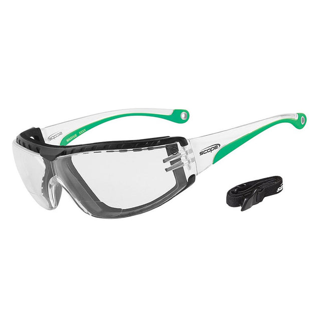 A pair of protective eyewear with a clear lens and green and black color accents, including a neck strap.