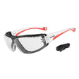 A pair of protective eyewear with a clear lens and red temples, featuring a wrap-around design and a soft rubber gasket.
