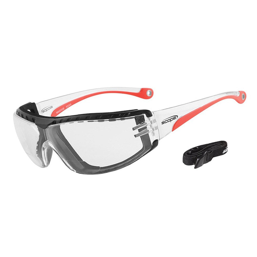 A pair of protective eyewear with a clear lens and red temples, featuring a wrap-around design and a soft rubber gasket.