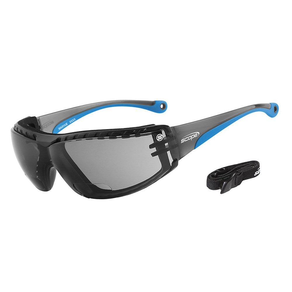 Protective eyewear with black frame and blue temples, featuring a smoke lens and an adjustable elastic strap.
