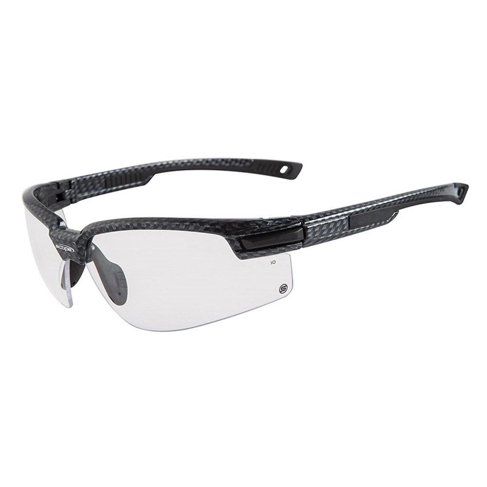 Protective eyewear with a carbon fibre finish and clear lenses, featuring a half-frame design and a rubber nose bridge.