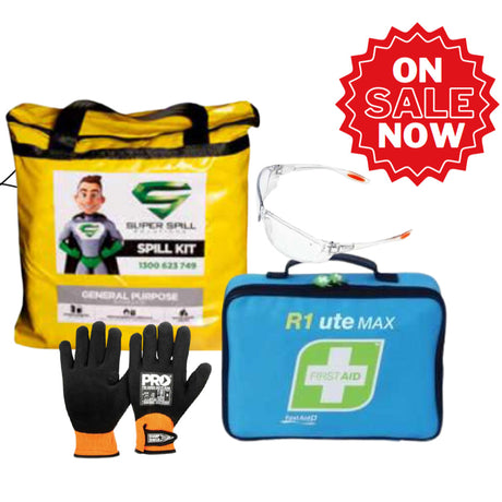 Transport spill kit Bag, first aid kit soft pack, safety glasses and safety gloves