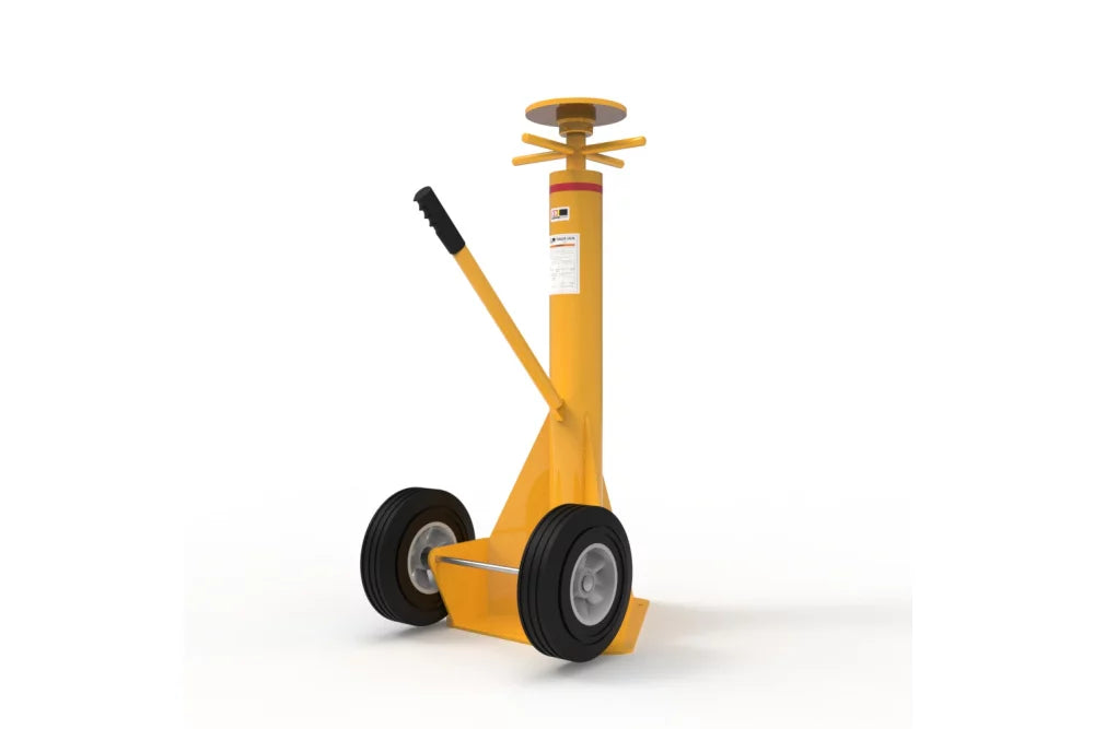 A single Trailer Stabilising Jack with a handle and wheels, powder coated in Hi-Vis Safety Yellow.