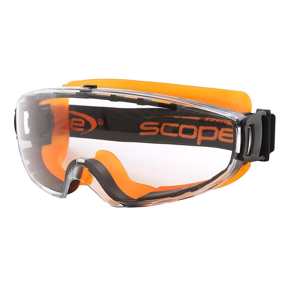 A pair of orange framed safety goggles with a clear lens and adjustable head strap.