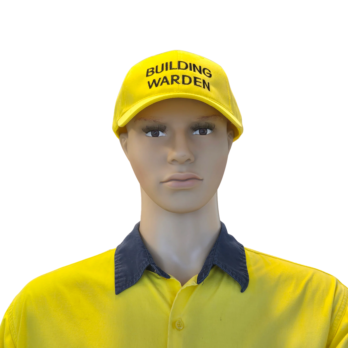 Mannequin wearing a yellow 'Building Warden' cap and shirt on a white background