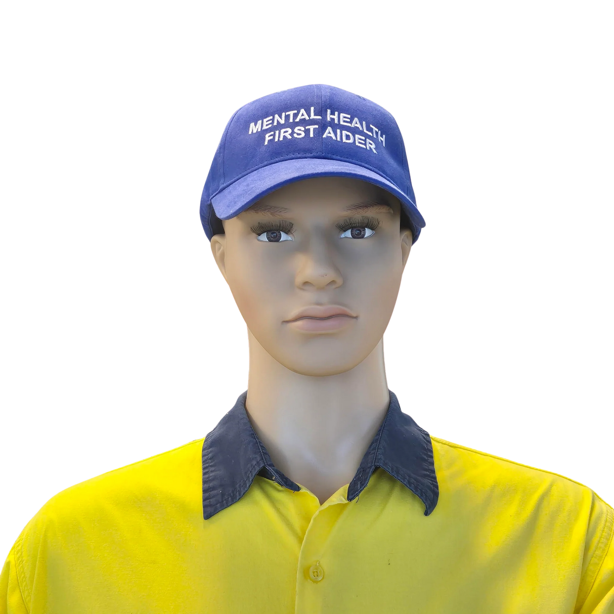 Mannequin head wearing a blue cap with 'Mental Health First Aider' text and a yellow shirt.