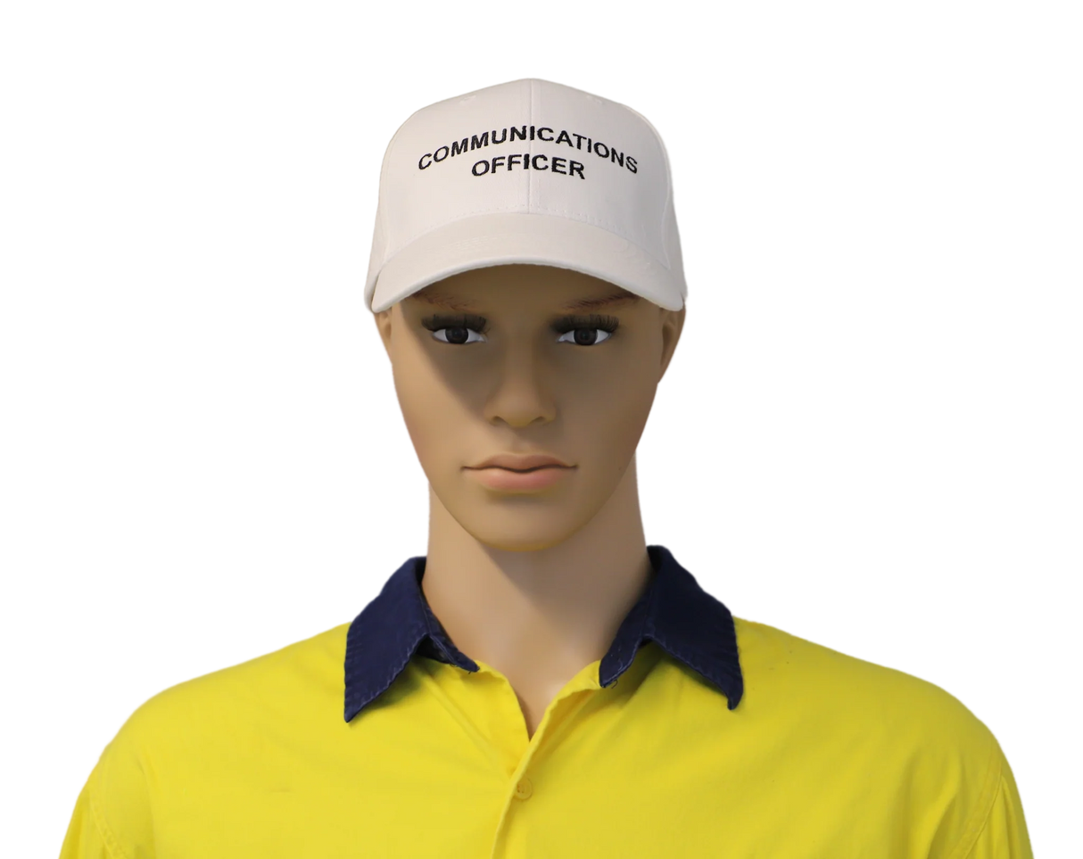 Mannequin wearing a yellow shirt with a navy collar and a beige cap labeled 'Communications Officer' on a white background