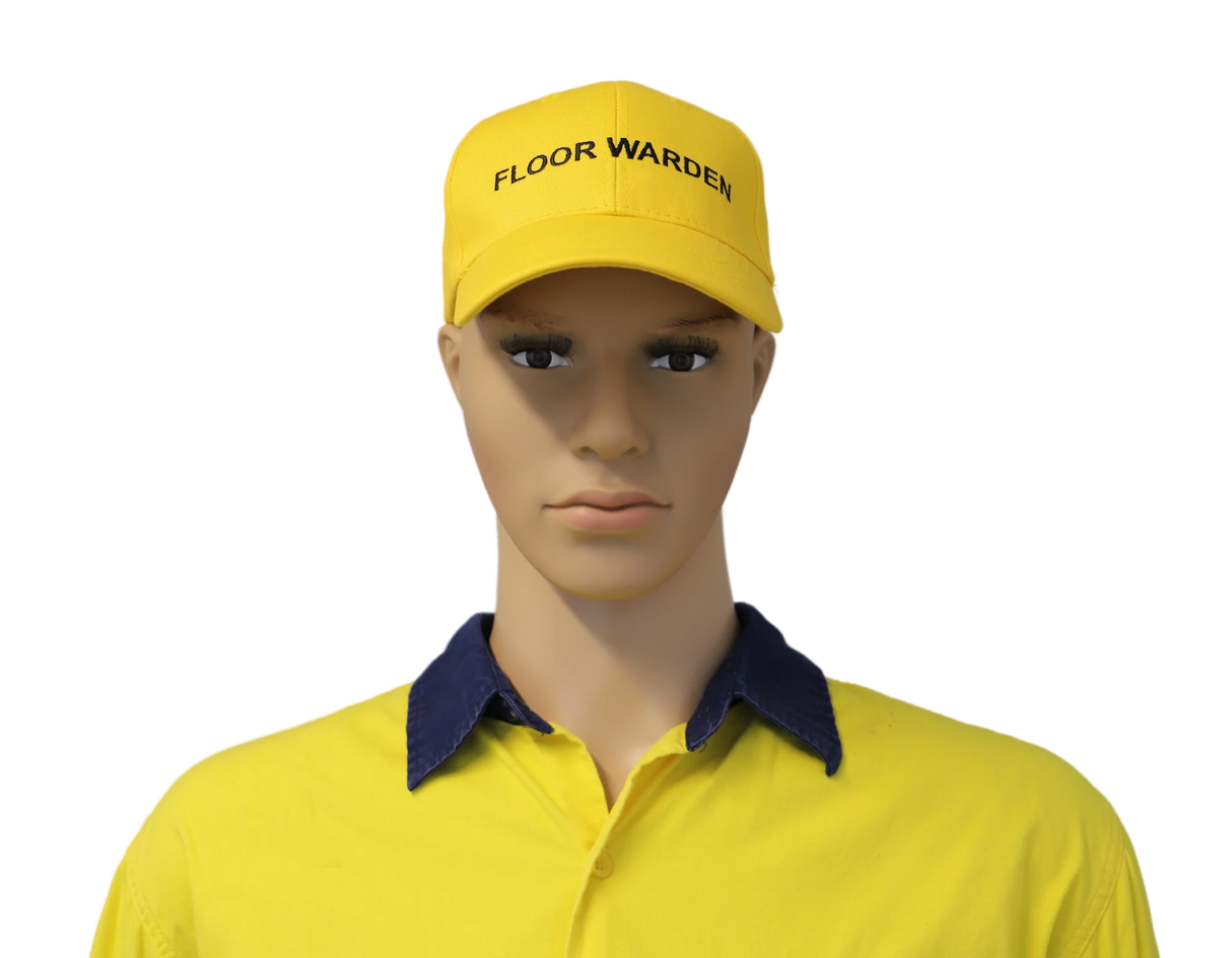 Mannequin wearing a yellow 'Floor Warden' cap and shirt on a white background