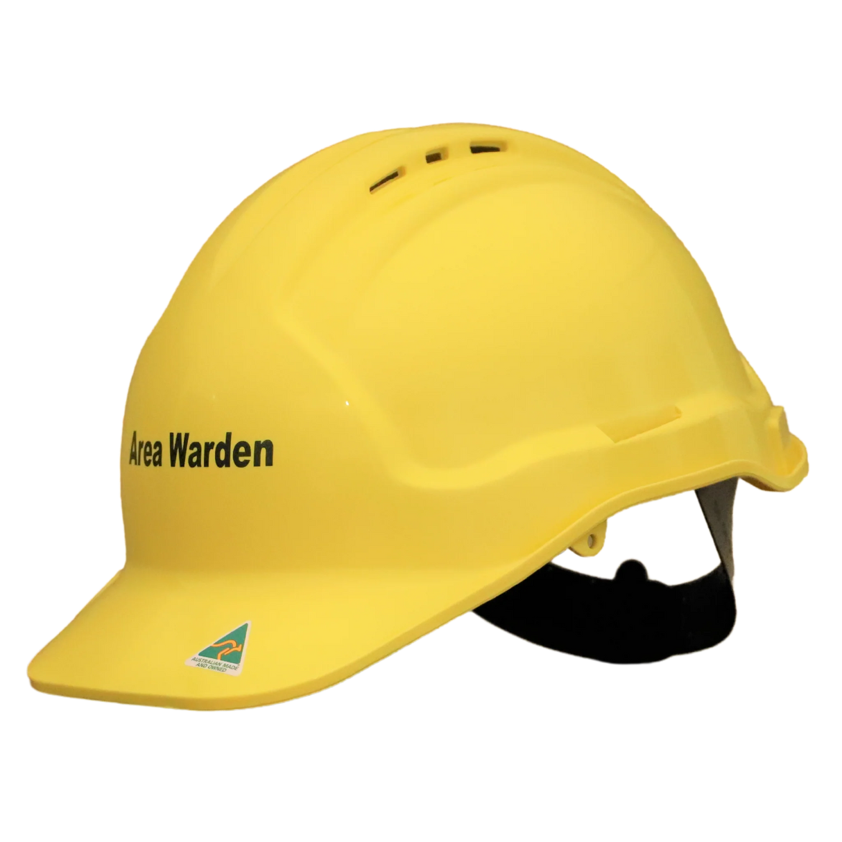 Yellow hard hat with 'Area Warden' text on a white background