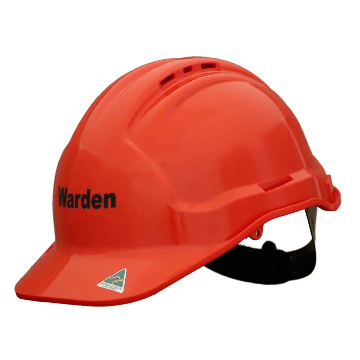 Red hard hat with 'Warden' branding on a white background
