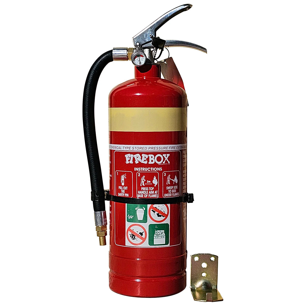 Red fire extinguisher with visible branding on a white background