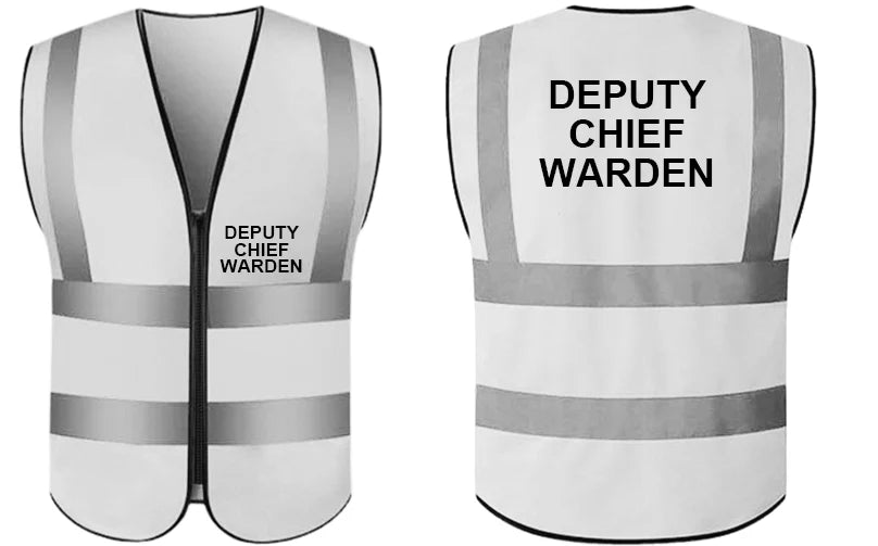 A white high visibility vest with reflective stripes, printed with 'DEPUTY CHIEF WARDEN' on the front and back.