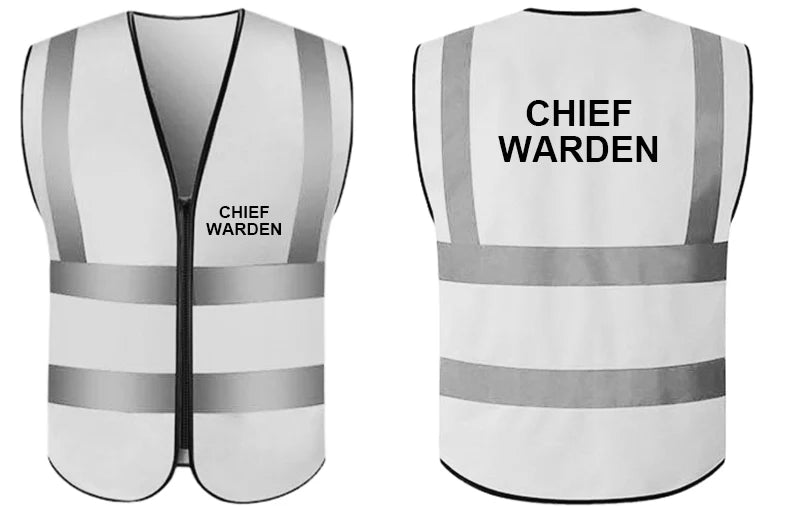 Two views of a white high visibility vest with reflective stripes and 'CHIEF WARDEN' printed on the front and back.