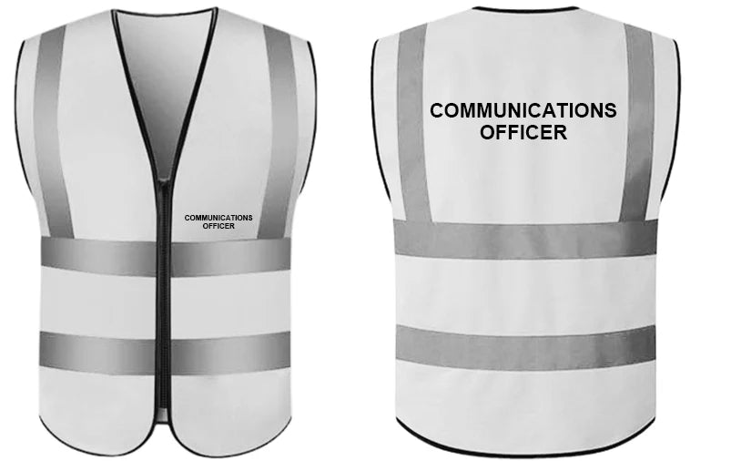Two Communications Officer high visibility vests, one with front zipper closure showing 'COMMUNICATIONS OFFICER' printed on the front and back, with reflective stripes.