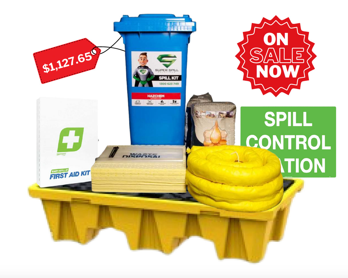 A set of emergency spill control equipment including a blue spill kit container, a yellow storage container, a white first aid kit with green cross, and a red emergency sign with the text 'SPILL CONTROL'.