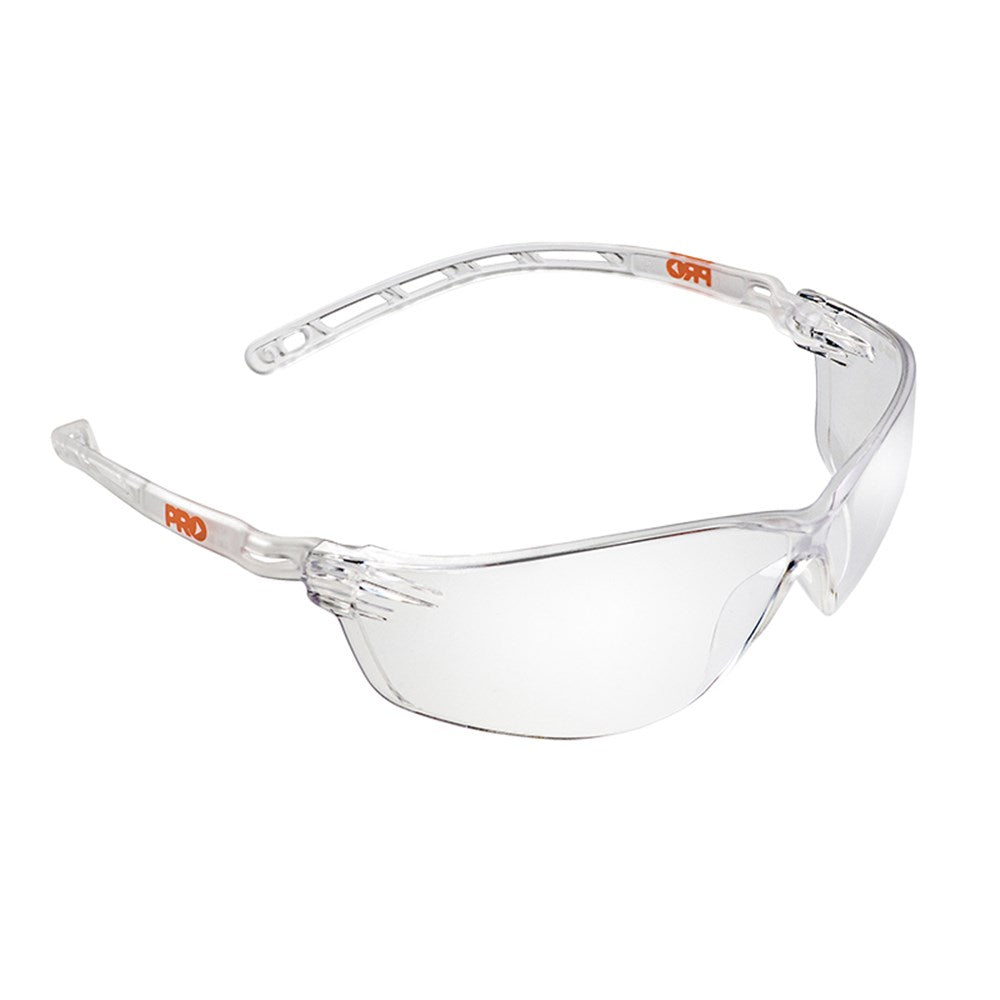 A pair of clear lens safety glasses with a universal nose bridge and lightweight design.