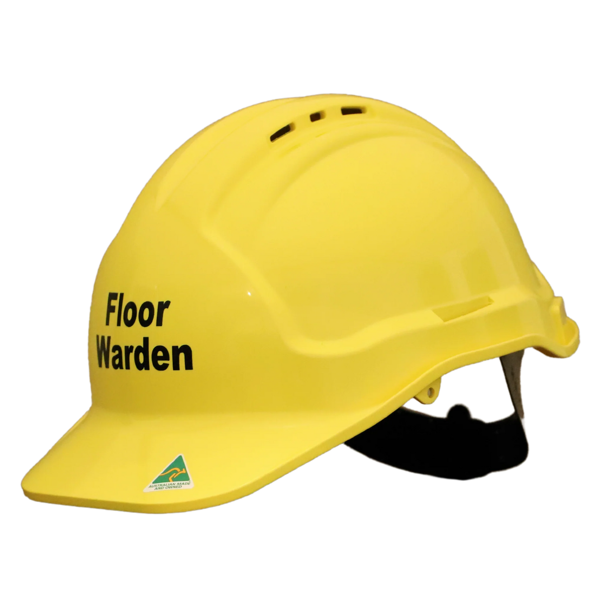Yellow hard hat with 'Floor Warden' text on a white background