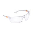 A pair of clear lens safety glasses with thin temples and a wraparound design.