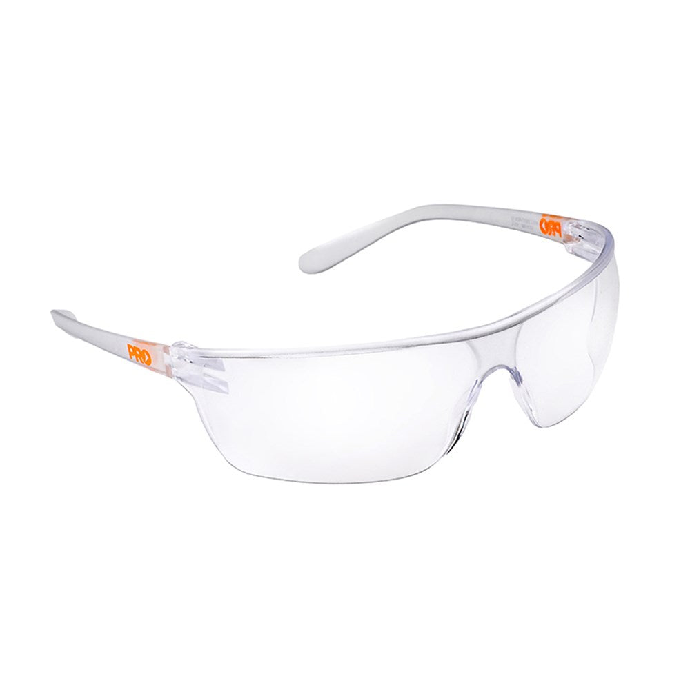 A pair of clear lens safety glasses with thin temples and a wraparound design.