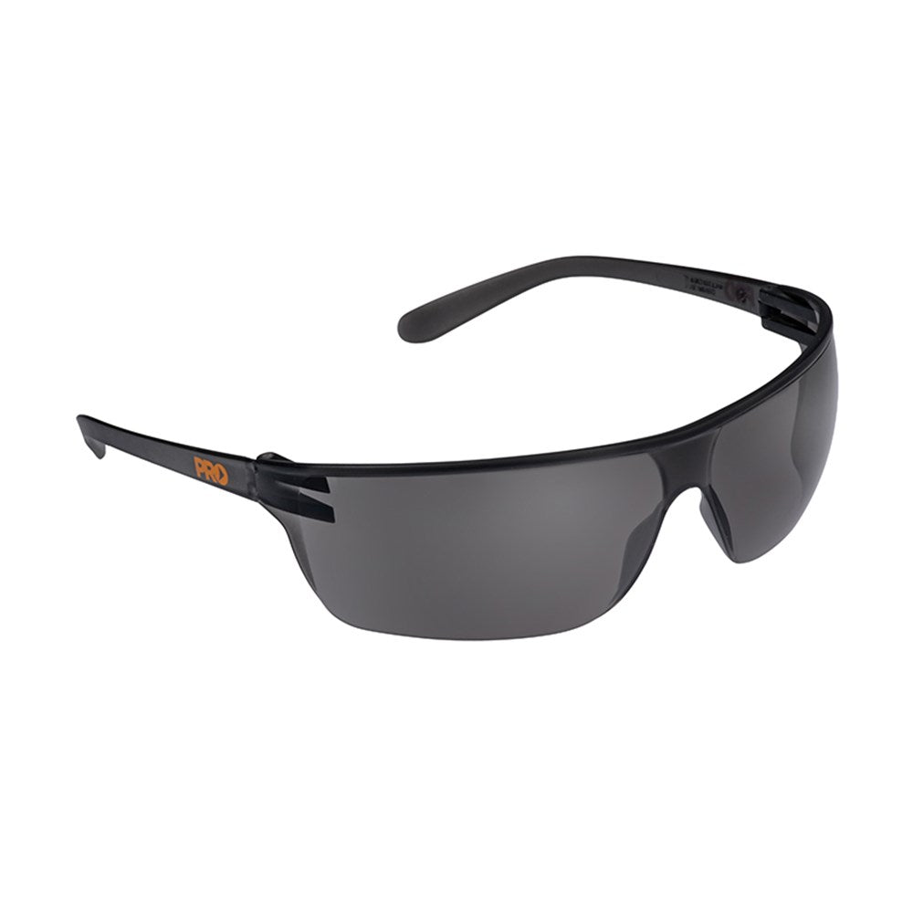 A pair of black safety glasses with a wraparound smoke lens design.