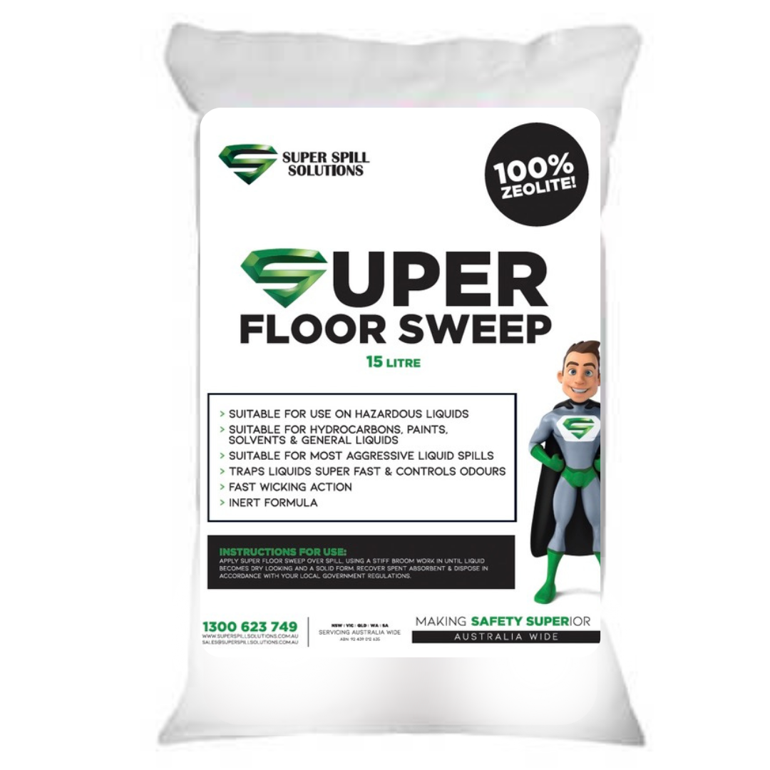 15L Bag with super floor sweep written in black and green, with superhero themed logo