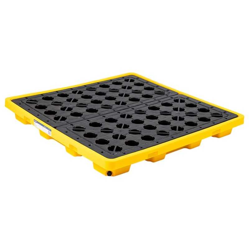 A compact low profile spill deck designed to contain spills, featuring a yellow edge and a black sump area, capable of holding four standard-sized drums.