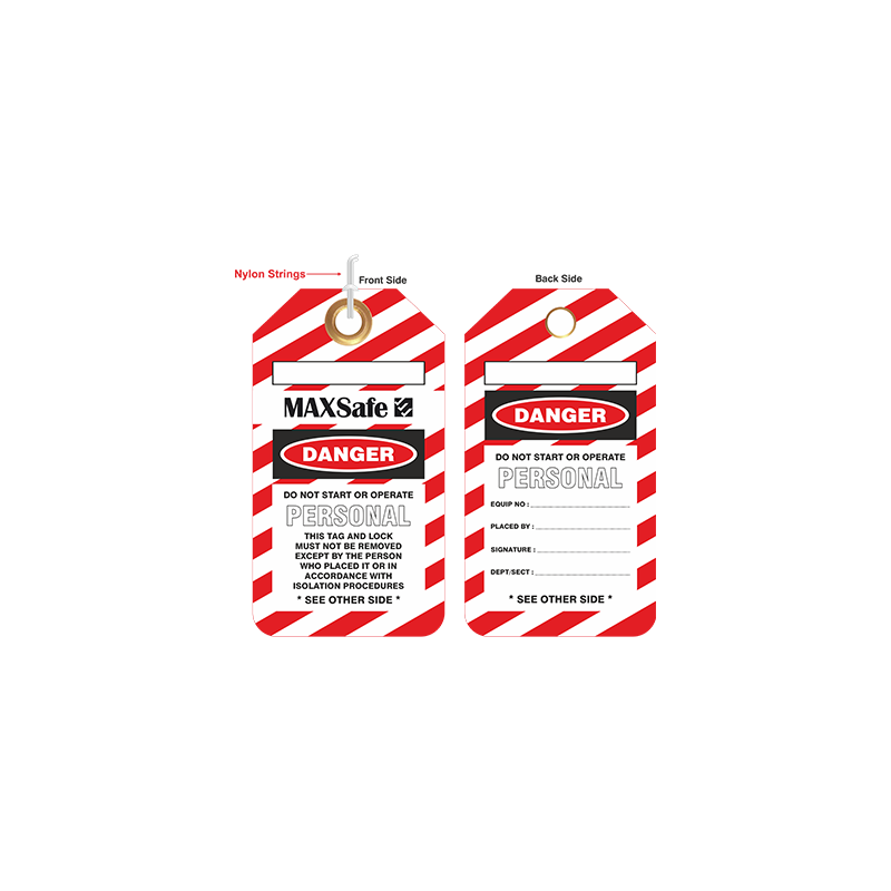 A pack of two red and white personal danger tags with brass eyelets and nylon tie strings. The tags have black text and graphics indicating 'MAX SAFE' and 'DANGER' zones.