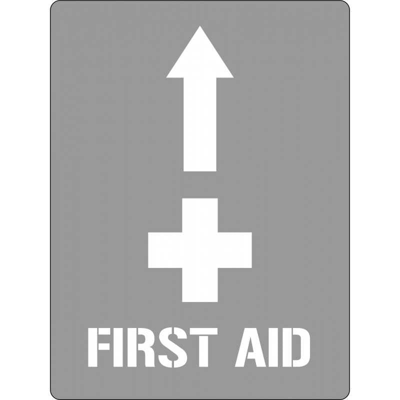 A stencil sign with a white background featuring a black arrow pointing upwards and the text 'FIRST AID' in bold lettering.
