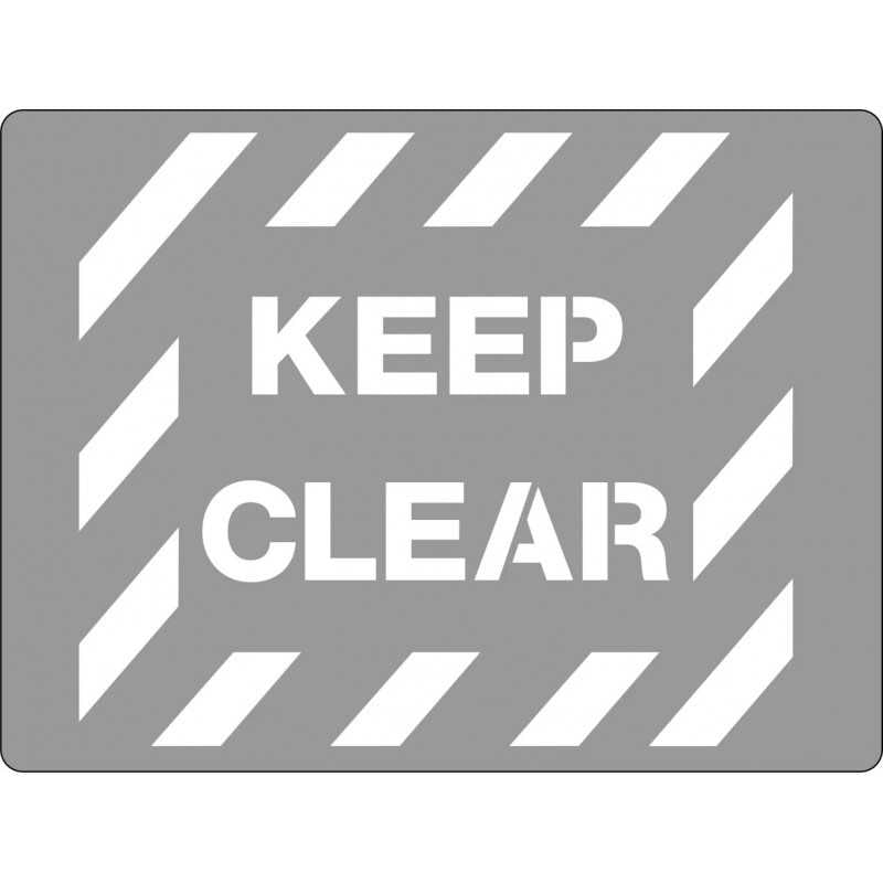 A gray stencil with the text 'KEEP CLEAR' in bold capital letters, outlined in white, on a background that is also gray but with a checkered pattern.