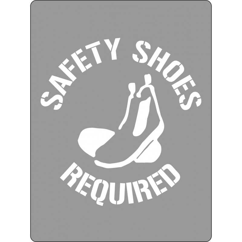 A stencil sign with a safety shoe graphic and the text 'Safety Shoes Required' in bold lettering.