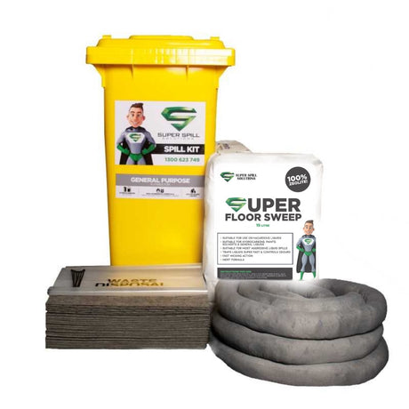 A 120L General Purpose Spill Kit with absorbent pads, socks, a boom, and floor sweep, displayed with a yellow wheelie bine and a label featuring a superhero character.