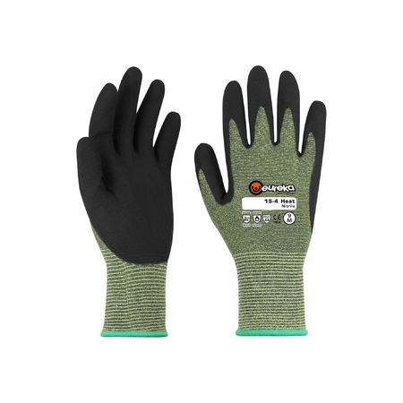 Pair of cut-resistant work safety gloves with nitrile coating on palms and fingers, predominantly black and green in color.