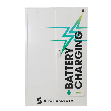 An 18 outlet battery charging cabinet with a white finish, featuring a blue and green lightning bolt design and the brand name 'STOREMASTA' on the front.
