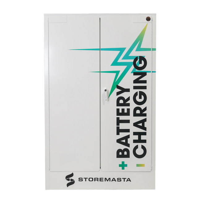 An 18 outlet battery charging cabinet with a white finish, featuring a blue and green lightning bolt design and the brand name 'STOREMASTA' on the front.
