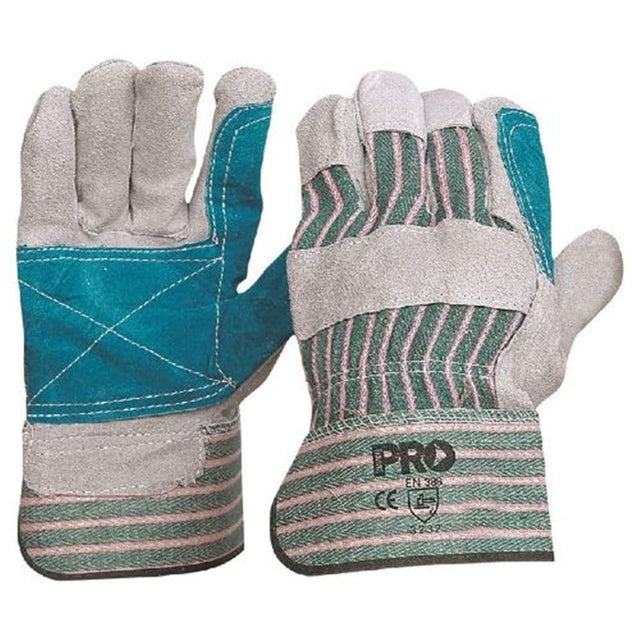 Green & Grey Striped Cotton / Leather Gloves 12pk