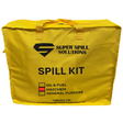Yellow spill kit bag with the text 'SUPER SPILL SOLUTIONS SPILL KIT' printed on it, along with hazard symbols and a phone number.