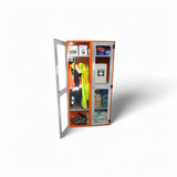 A PPE storage cabinet with double perspex doors and a hanging rail, 